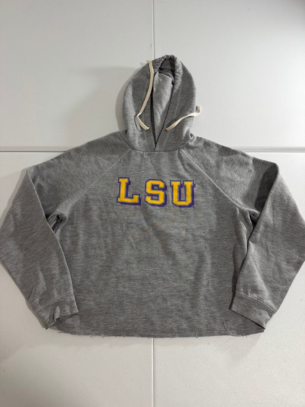 Retro Brand LSU Tigers Cropped Hoodie Womens Large Gray Distressed Raw Hem